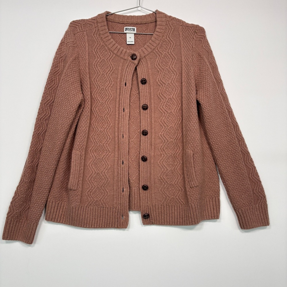 Duluth Trading Co Womens Cardigan XL Mocha Woolpaca Crew Cable Knit Sweater